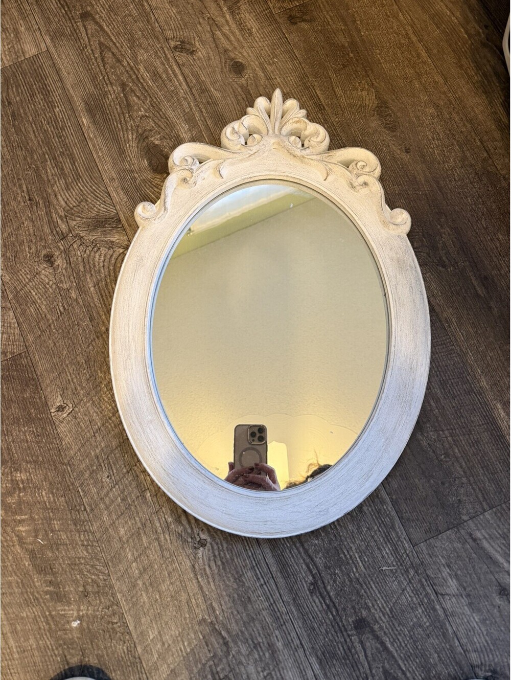 Ornate Oval Wall Mirror Framed Distressed White Vertical Wall Mount